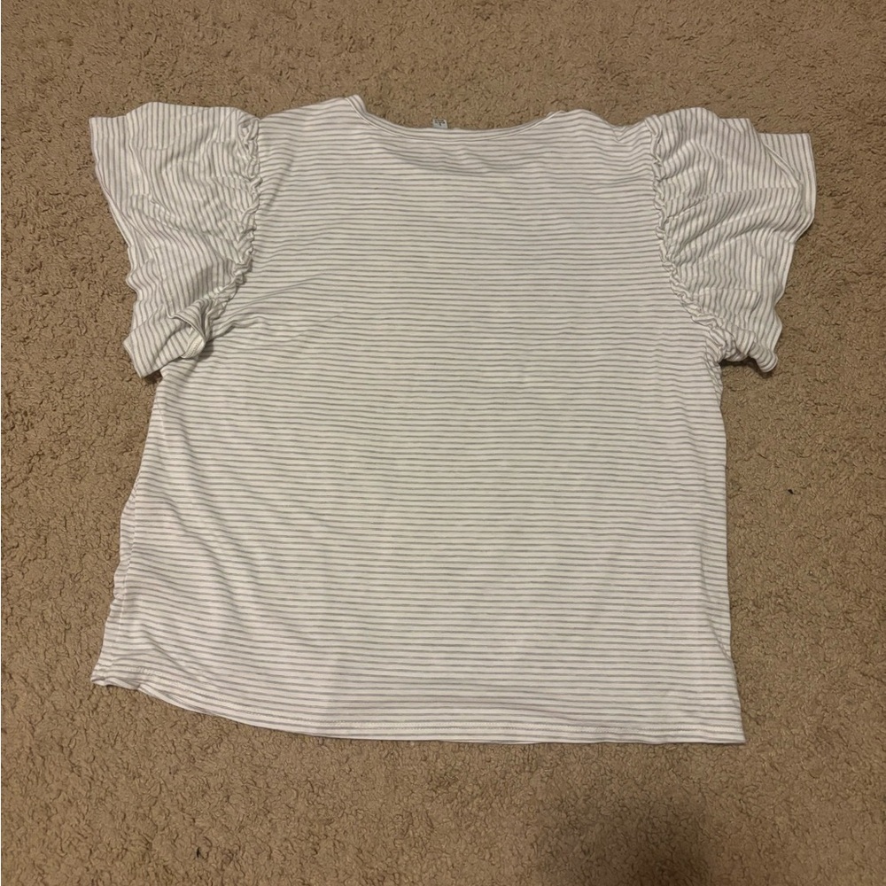 Gray & white striped top with double ruffle short sleeves